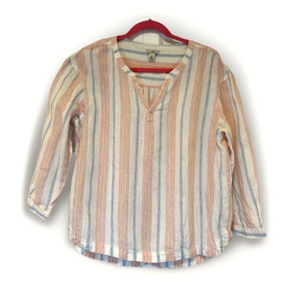 LL Bean Striped Top V Neck 3/4 Sleeve Womens Blouse Button Detail M Linen - Picture 2 of 9